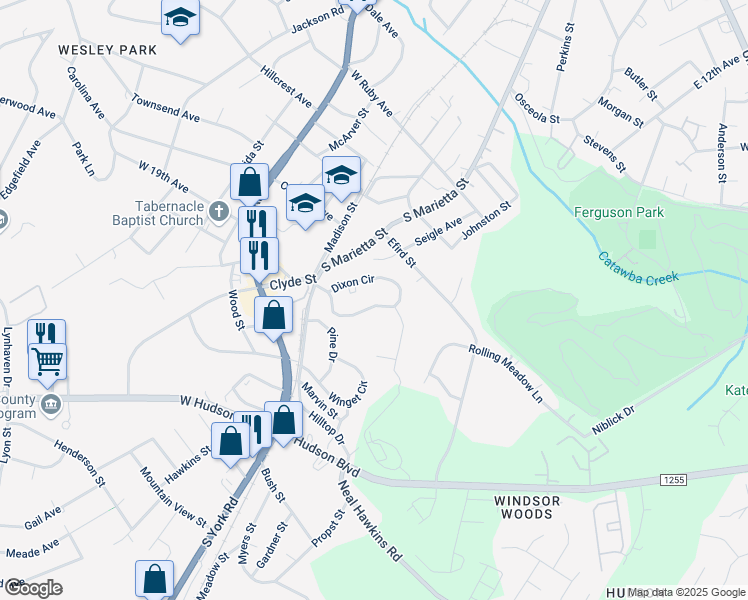 map of restaurants, bars, coffee shops, grocery stores, and more near 209 Dixon Circle in Gastonia