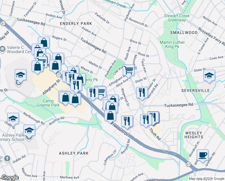 map of restaurants, bars, coffee shops, grocery stores, and more near 2635 Elon Street in Charlotte