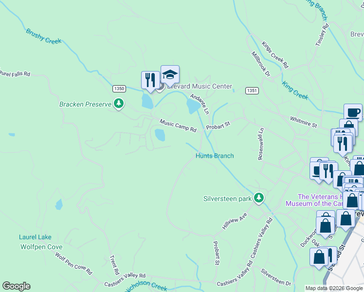 map of restaurants, bars, coffee shops, grocery stores, and more near 1162 Probart Street in Brevard