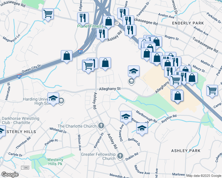 map of restaurants, bars, coffee shops, grocery stores, and more near 1587 Alleghany Street in Charlotte