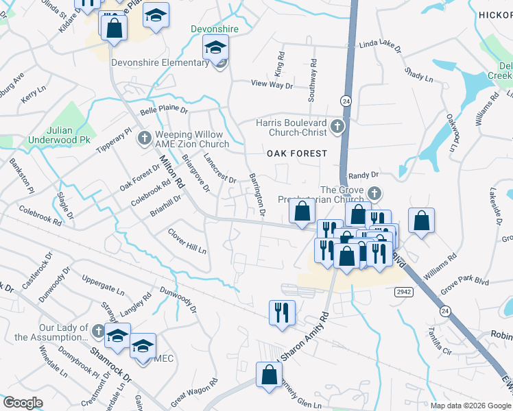 map of restaurants, bars, coffee shops, grocery stores, and more near 7100 Barrington Drive in Charlotte