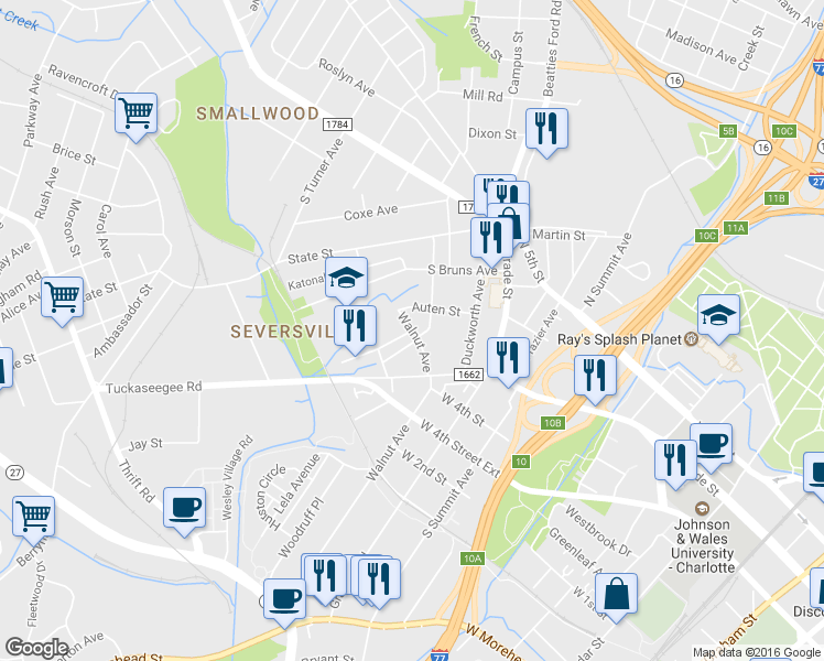map of restaurants, bars, coffee shops, grocery stores, and more near Walnut Avenue & Woodvale Place in Charlotte