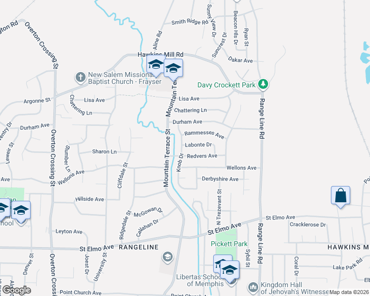 map of restaurants, bars, coffee shops, grocery stores, and more near 2450 Redvers Avenue in Memphis