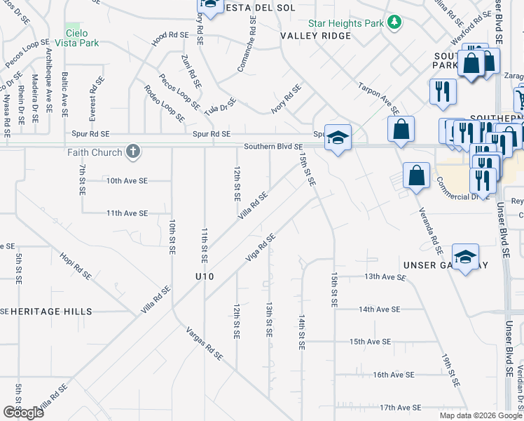 map of restaurants, bars, coffee shops, grocery stores, and more near 1210 Villa Road Southeast in Rio Rancho