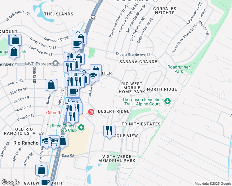 map of restaurants, bars, coffee shops, grocery stores, and more near 1355 Meadowlark Lane Southeast in Rio Rancho