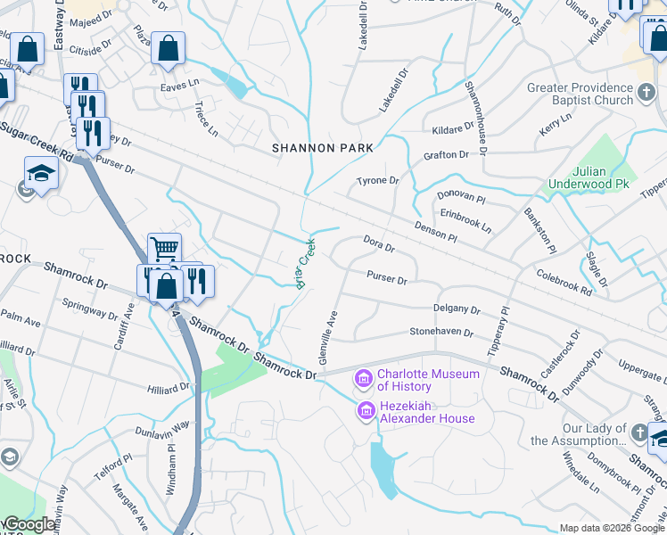 map of restaurants, bars, coffee shops, grocery stores, and more near 2422 Purser Drive in Charlotte