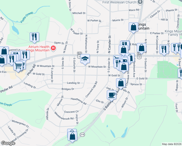 map of restaurants, bars, coffee shops, grocery stores, and more near 405 West Gold Street in Kings Mountain