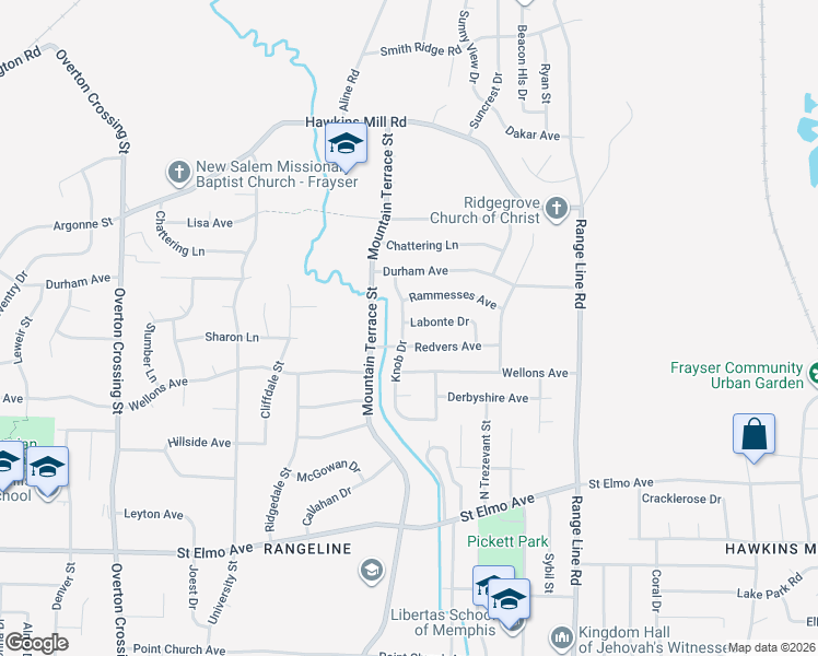 map of restaurants, bars, coffee shops, grocery stores, and more near 2450 Redvers Avenue in Memphis
