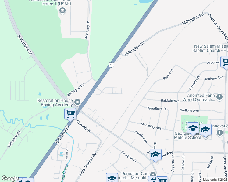map of restaurants, bars, coffee shops, grocery stores, and more near 1645 Via Roma Drive in Memphis