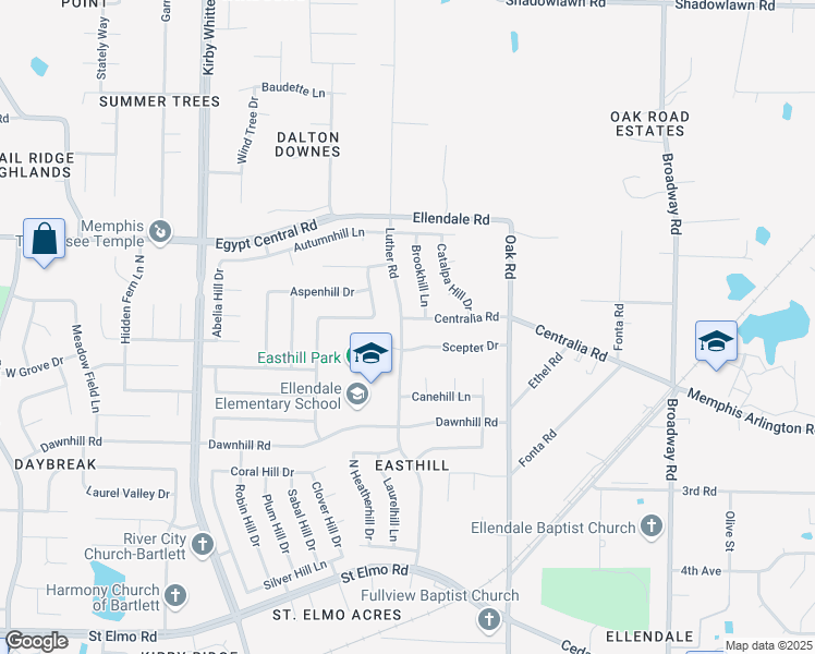 map of restaurants, bars, coffee shops, grocery stores, and more near 4130 Luther Road in Memphis