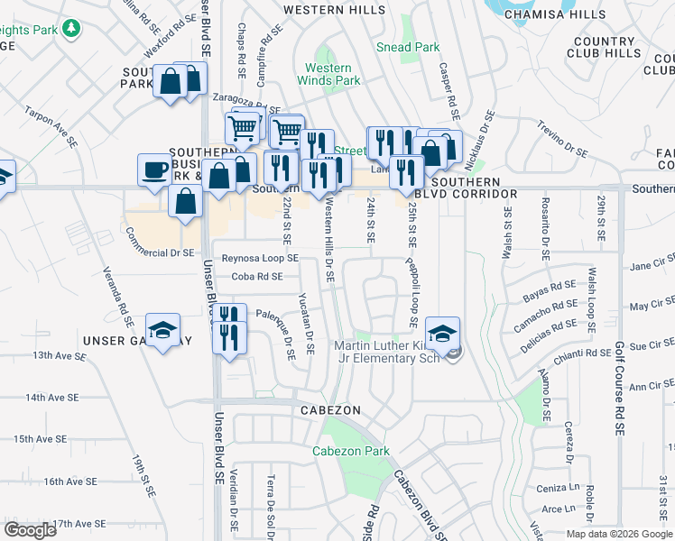 map of restaurants, bars, coffee shops, grocery stores, and more near 1460 Peppoli Loop Southeast in Rio Rancho
