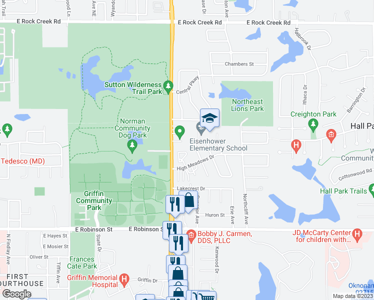 map of restaurants, bars, coffee shops, grocery stores, and more near 1645 High Circle in Norman
