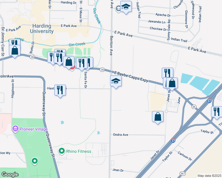 map of restaurants, bars, coffee shops, grocery stores, and more near 1125 South Benton Avenue in Searcy