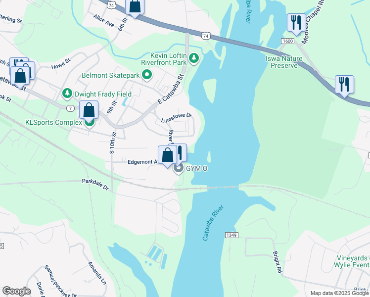map of restaurants, bars, coffee shops, grocery stores, and more near 1424 River Drive in Belmont