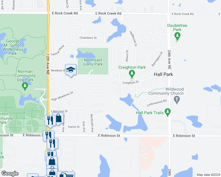 map of restaurants, bars, coffee shops, grocery stores, and more near 1803 Auburn Court in Norman