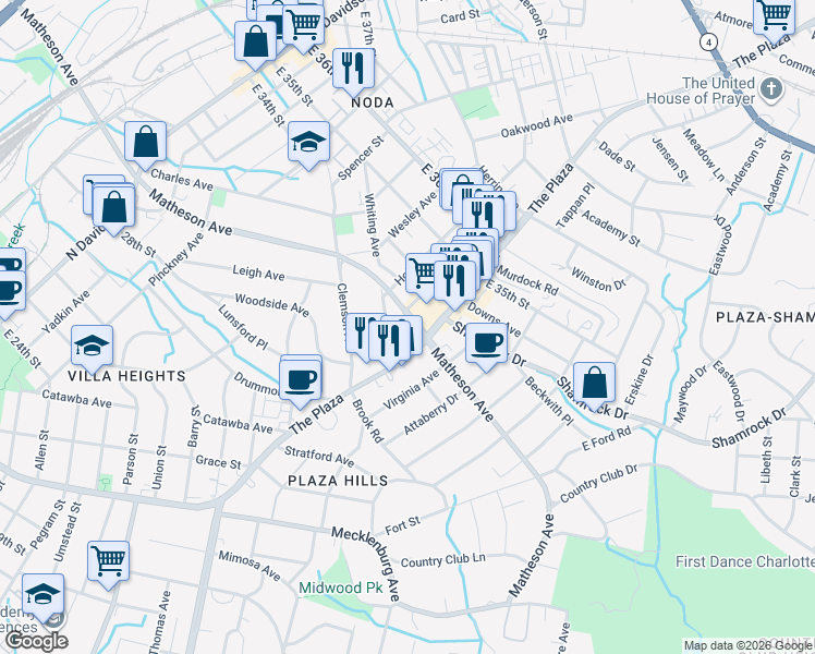map of restaurants, bars, coffee shops, grocery stores, and more near 1232 Matheson Avenue in Charlotte