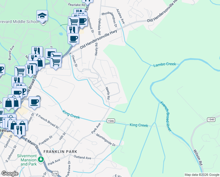 map of restaurants, bars, coffee shops, grocery stores, and more near 719 Neely Road in Brevard