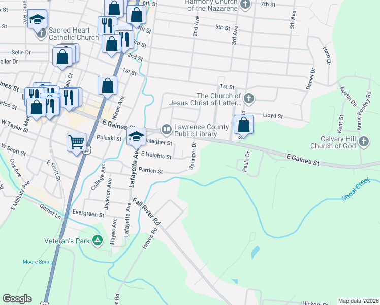 map of restaurants, bars, coffee shops, grocery stores, and more near 107 Springer Drive in Lawrenceburg