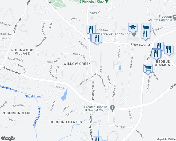 map of restaurants, bars, coffee shops, grocery stores, and more near 972 Willow Creek Drive in Gastonia