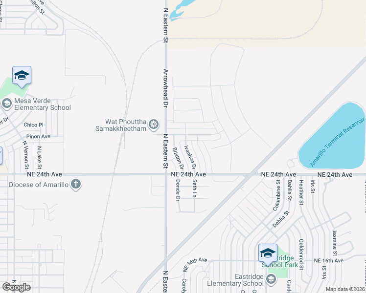 map of restaurants, bars, coffee shops, grocery stores, and more near 2418 Brixton Drive in Amarillo