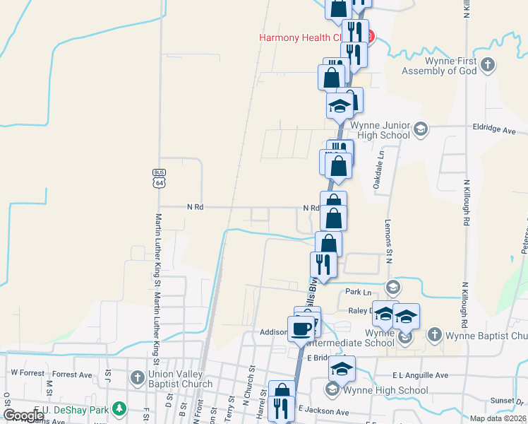 map of restaurants, bars, coffee shops, grocery stores, and more near 225 Fitzgerald Avenue in Wynne