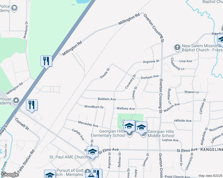 map of restaurants, bars, coffee shops, grocery stores, and more near 1911 Coventry Drive in Memphis