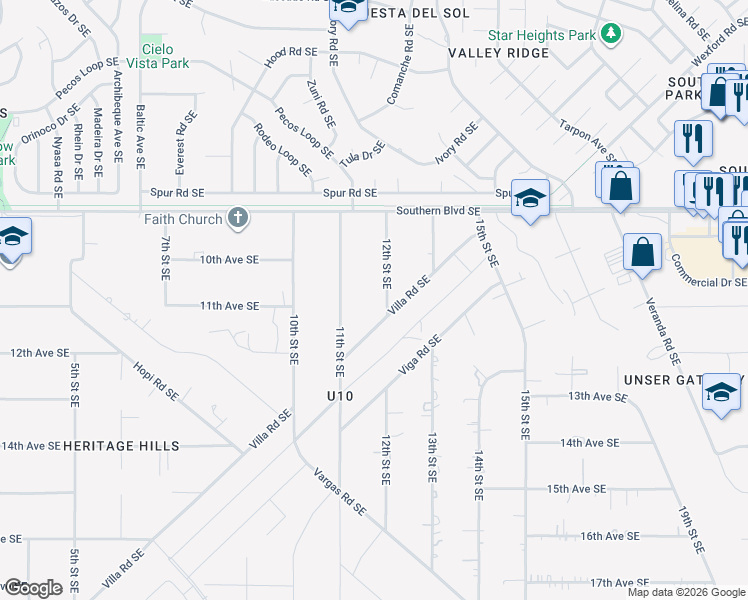 map of restaurants, bars, coffee shops, grocery stores, and more near 1205 12th Street Southeast in Rio Rancho