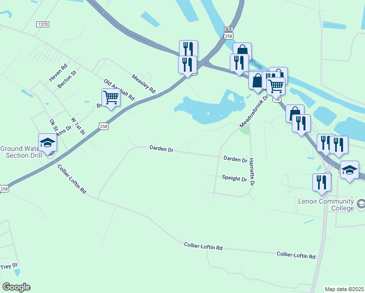 map of restaurants, bars, coffee shops, grocery stores, and more near 513 Darden Drive in Kinston
