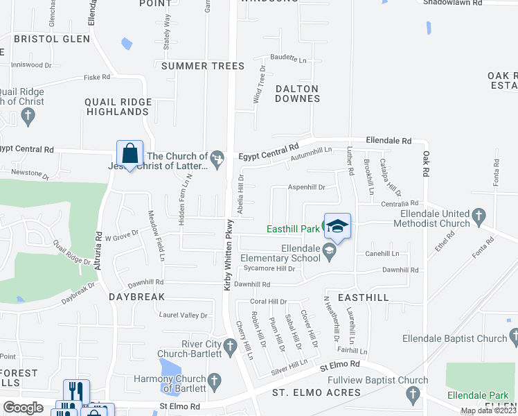 map of restaurants, bars, coffee shops, grocery stores, and more near 6811 Abelia Hill Cove in Memphis