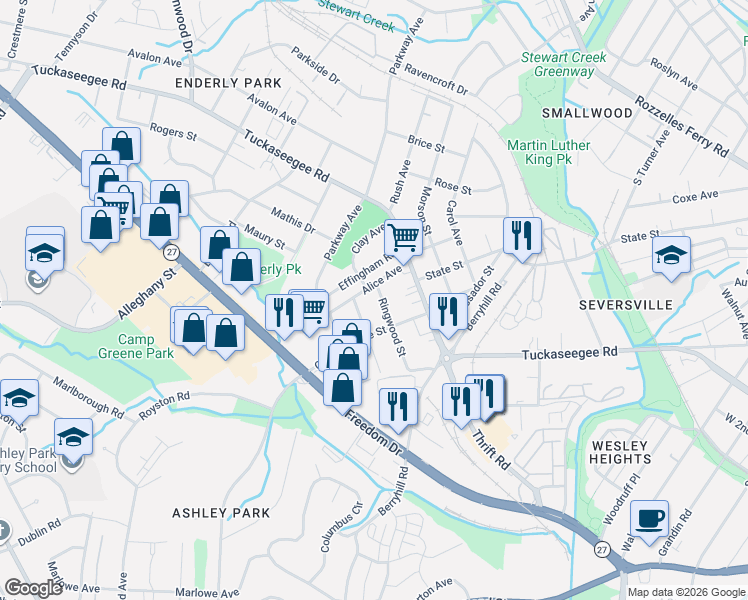 map of restaurants, bars, coffee shops, grocery stores, and more near 2612 Ringwood Street in Charlotte