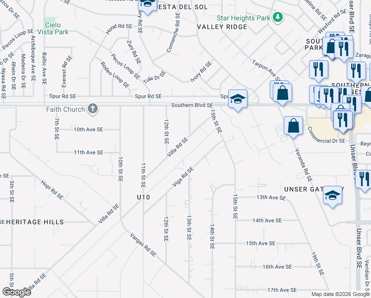map of restaurants, bars, coffee shops, grocery stores, and more near 1210 Villa Road Southeast in Rio Rancho