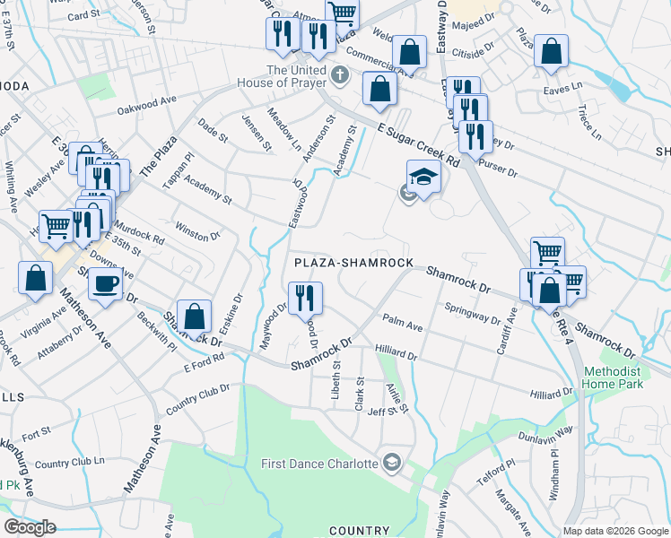 map of restaurants, bars, coffee shops, grocery stores, and more near 3332 Maywood Drive in Charlotte