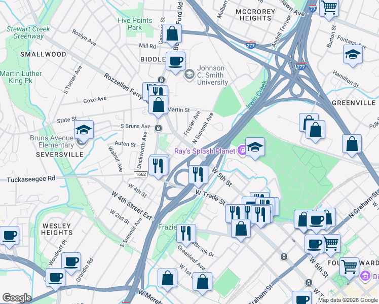 map of restaurants, bars, coffee shops, grocery stores, and more near 212 North Summit Avenue in Charlotte
