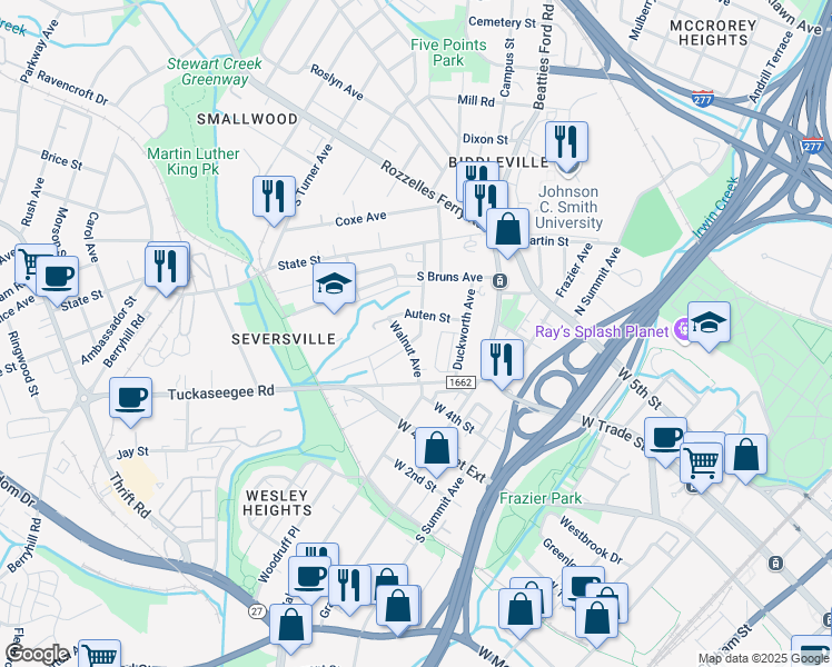 map of restaurants, bars, coffee shops, grocery stores, and more near 200 Walnut Avenue in Charlotte