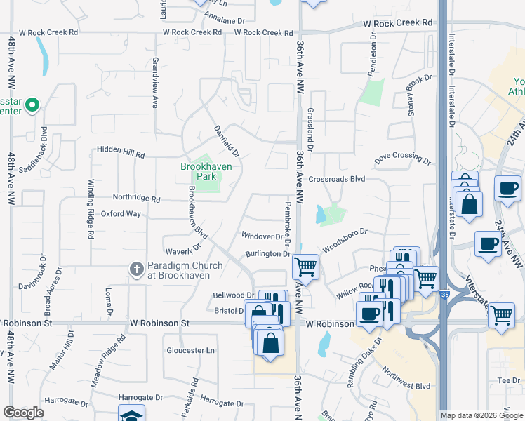 map of restaurants, bars, coffee shops, grocery stores, and more near 3720 Barwick Court in Norman