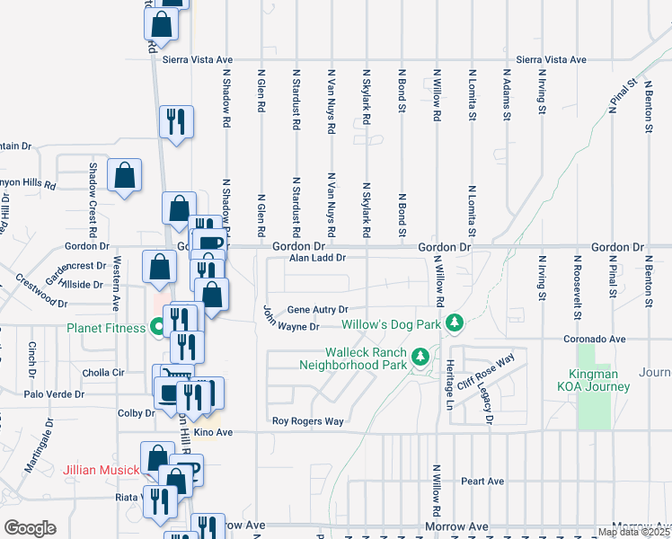 map of restaurants, bars, coffee shops, grocery stores, and more near 2048 Robert Mitchum Drive in Kingman