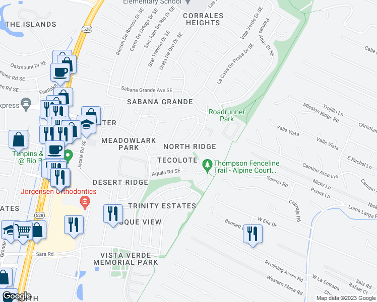 map of restaurants, bars, coffee shops, grocery stores, and more near 4533 Alpine Circle Southeast in Rio Rancho