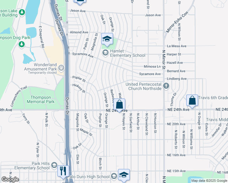 map of restaurants, bars, coffee shops, grocery stores, and more near 2422 Redwood Street in Amarillo