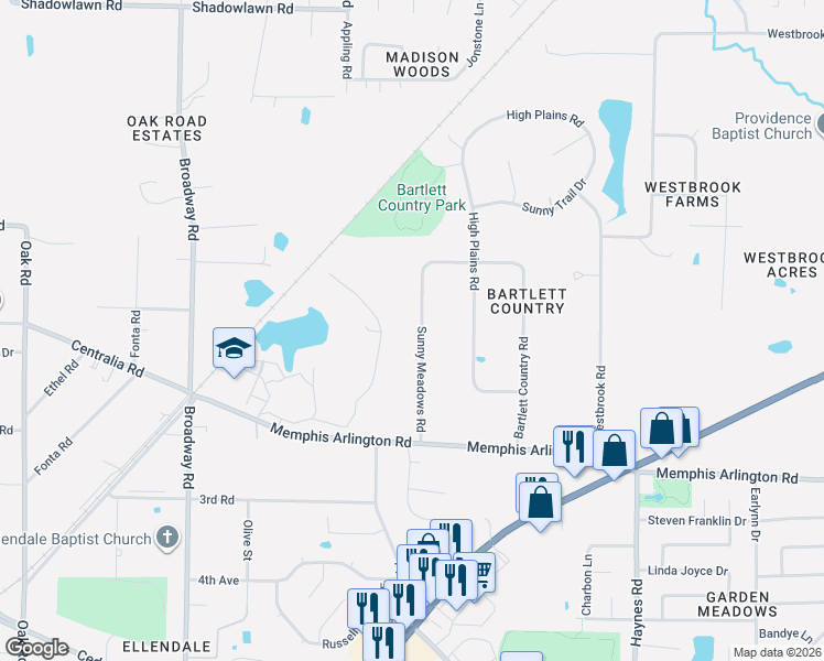 map of restaurants, bars, coffee shops, grocery stores, and more near 4115 Sunny Meadows Road in Bartlett