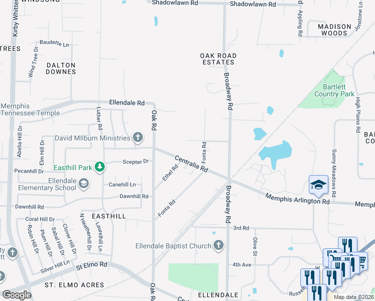 map of restaurants, bars, coffee shops, grocery stores, and more near 7206 Centralia Road in Memphis