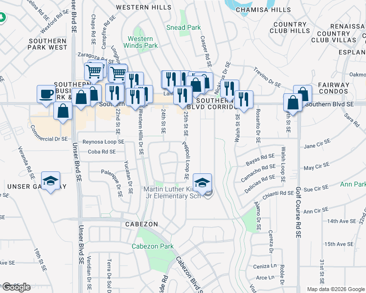 map of restaurants, bars, coffee shops, grocery stores, and more near 1309 Danzante Drive Southeast in Rio Rancho