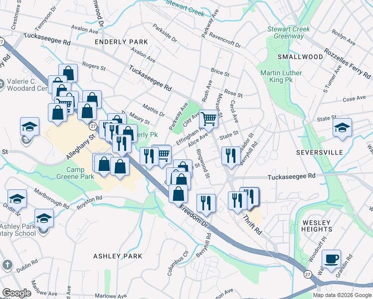 map of restaurants, bars, coffee shops, grocery stores, and more near 2621 Elon Street in Charlotte