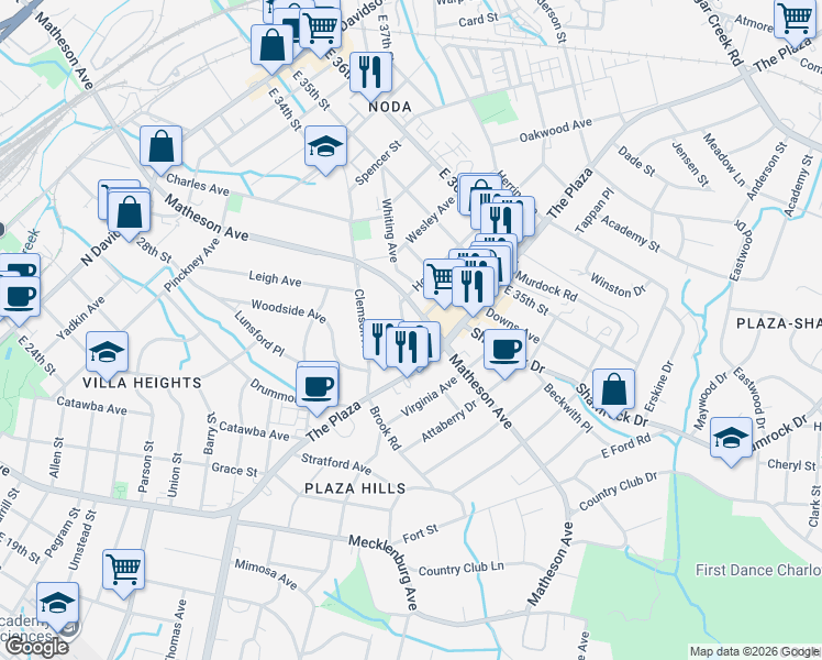 map of restaurants, bars, coffee shops, grocery stores, and more near in Charlotte