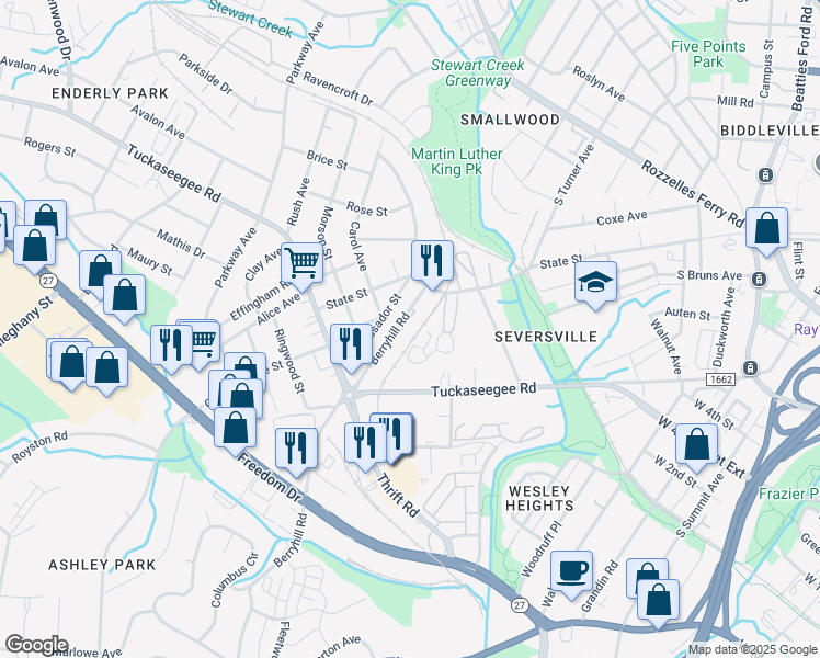 map of restaurants, bars, coffee shops, grocery stores, and more near 1041 Berryhill Road in Charlotte
