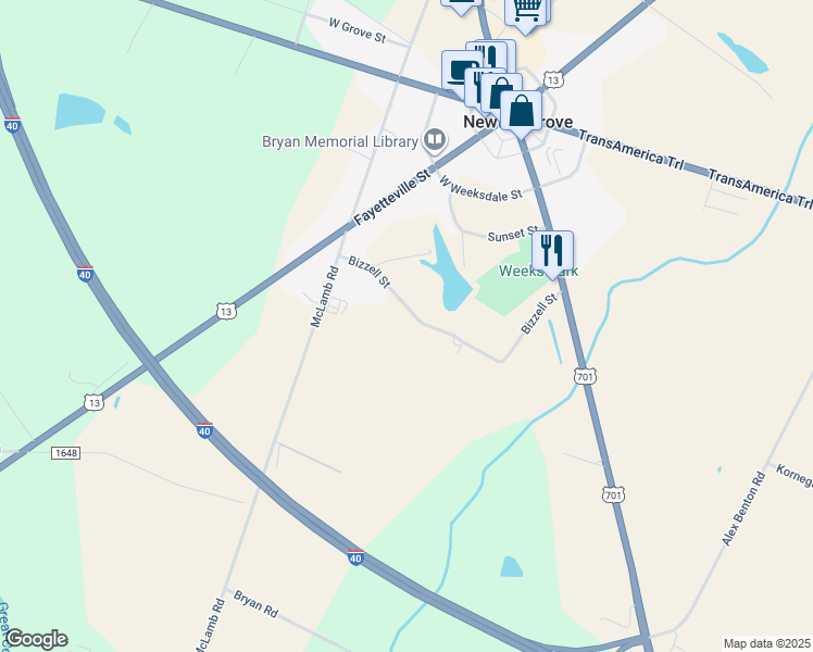 map of restaurants, bars, coffee shops, grocery stores, and more near 233 Bizzell Street in Newton Grove