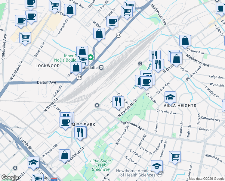 map of restaurants, bars, coffee shops, grocery stores, and more near 1835 North Brevard Street in Charlotte