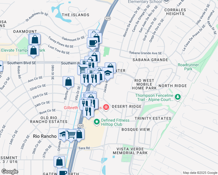 map of restaurants, bars, coffee shops, grocery stores, and more near 1400 Jackie Road Southeast in Rio Rancho