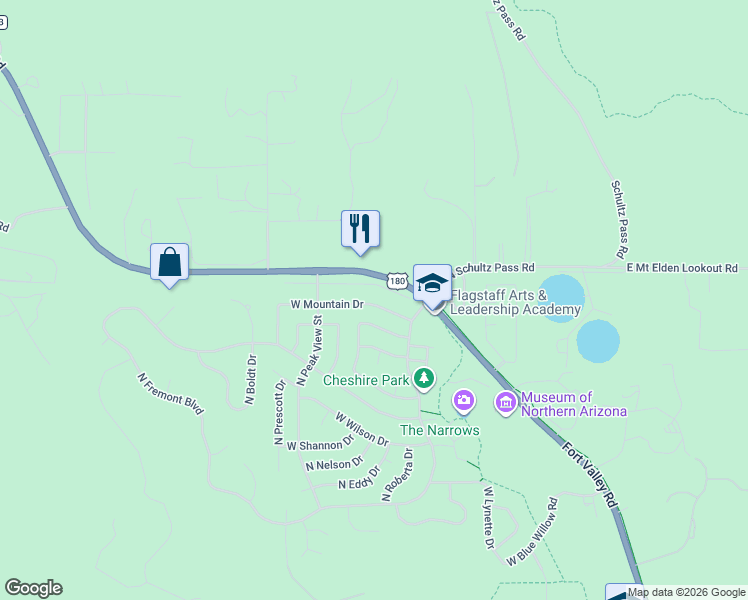 map of restaurants, bars, coffee shops, grocery stores, and more near 3201 West Brenda Loop in Flagstaff