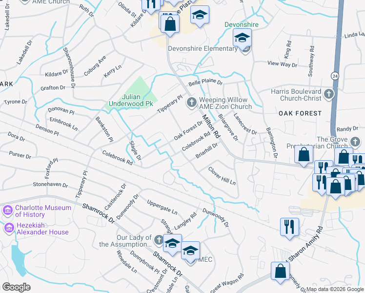 map of restaurants, bars, coffee shops, grocery stores, and more near 4200 Colebrook Road in Charlotte