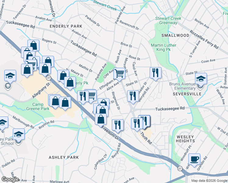 map of restaurants, bars, coffee shops, grocery stores, and more near 2612 Ringwood Street in Charlotte